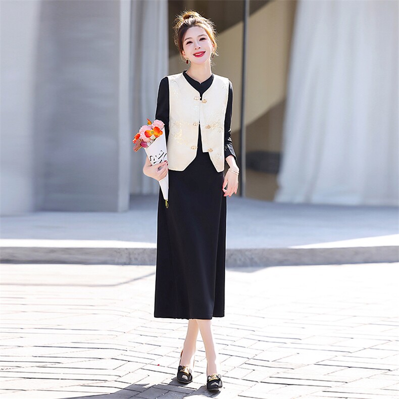 新中式连衣裙2025春新款高级感小香风气质马甲黑色长袖打底套装裙,女装套装/套裙,奕薇雅