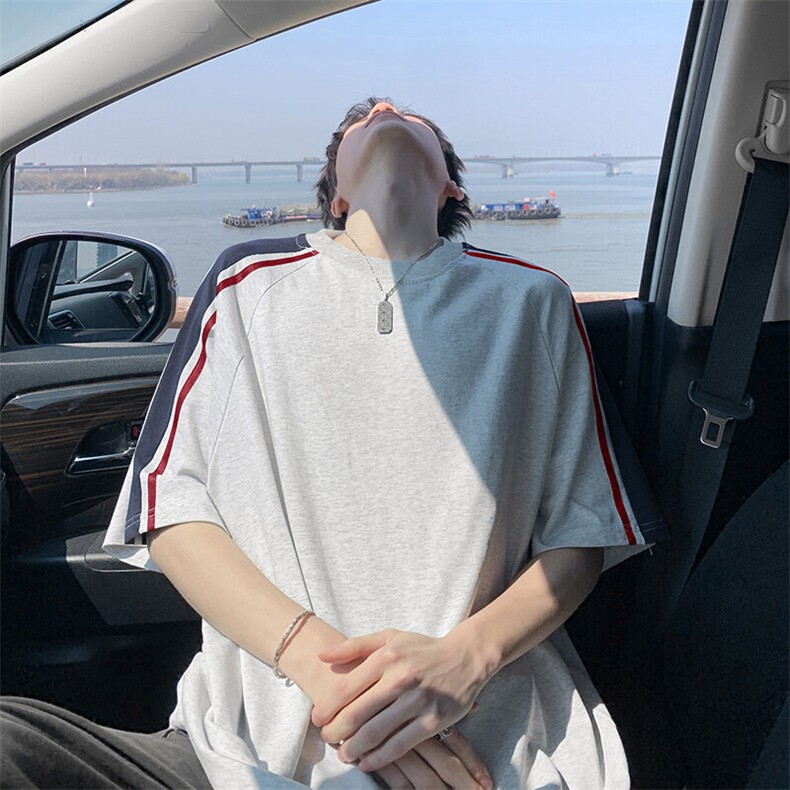 抖音得物高品质二开240克宽松纯棉美式撞色织带短袖T恤SH2518,男装T恤,电商A486-1