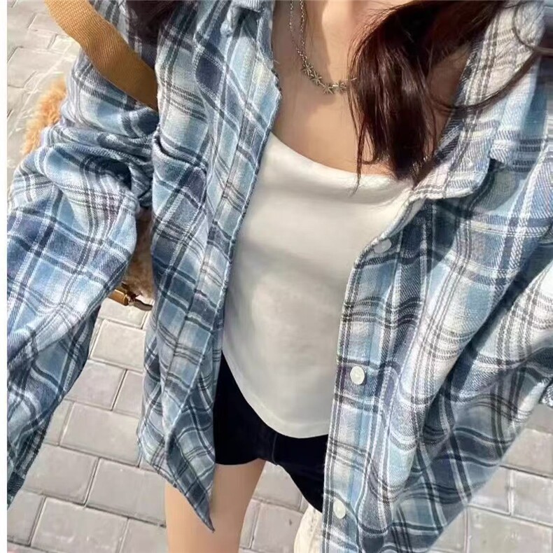 复古蓝色日系格子衬衫男女新款宽松百搭防晒衫513CS1909P32,男装防晒衣,星座513