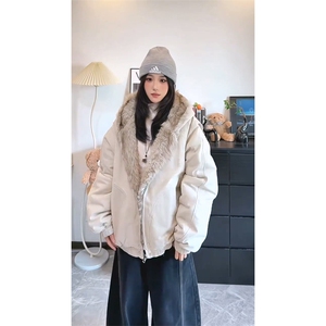 现货高品质美式高街冬季重磅硬挺短款座山雕毛领棉衣男女加厚外套图片