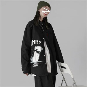 2021秋季新中性风蒙马特港风猫咪印花休闲大码男衬衫C519-P45图片