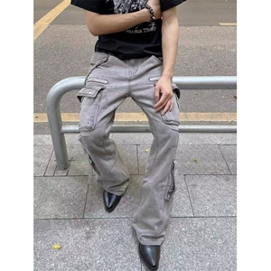 炮弹多口袋工装牛仔裤男小众潮牌做旧设计感宽松阔腿裤子 NQ37图片