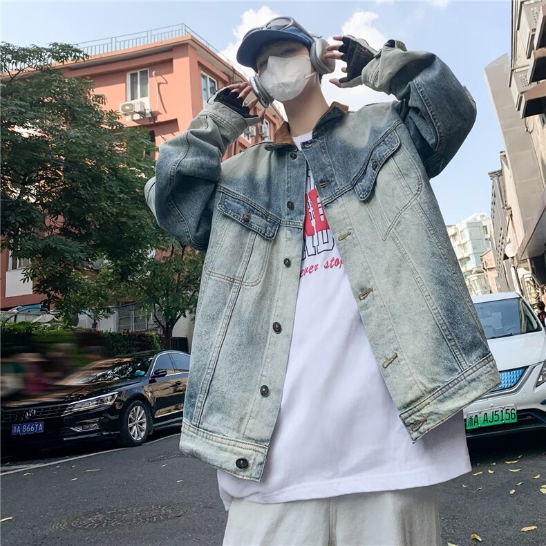 高街潮牌复古蓝水洗春秋季牛仔外套男设计感宽松美式夹克JK8202,男装夹克,星座1116A-1（原606A）