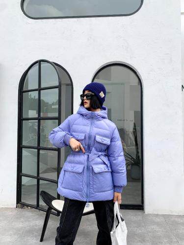 连帽口袋腰带羽绒服90绒，女装羽绒服，哥卓