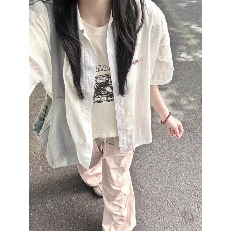 独特好看短袖衬衫女小个子夏季复古刺绣宽松百搭半袖条纹衬衣上衣,男装T恤,星座506A