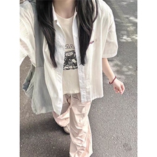 独特好看短袖衬衫女小个子夏季复古刺绣宽松百搭半袖条纹衬衣上衣，男装T恤，星座506A