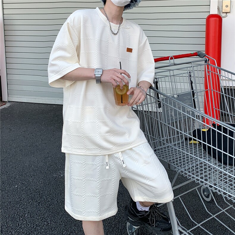 2026夏短袖冰丝T恤格子套装大码纹理提花五分袖TZ5699/特P50杏5,男装T恤,电商A094