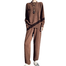 100%纯羊毛针织套装女半高领软糯纽扣毛衣松紧腰直筒休闲裤两件套，女装套装/套裙，邦太羊绒