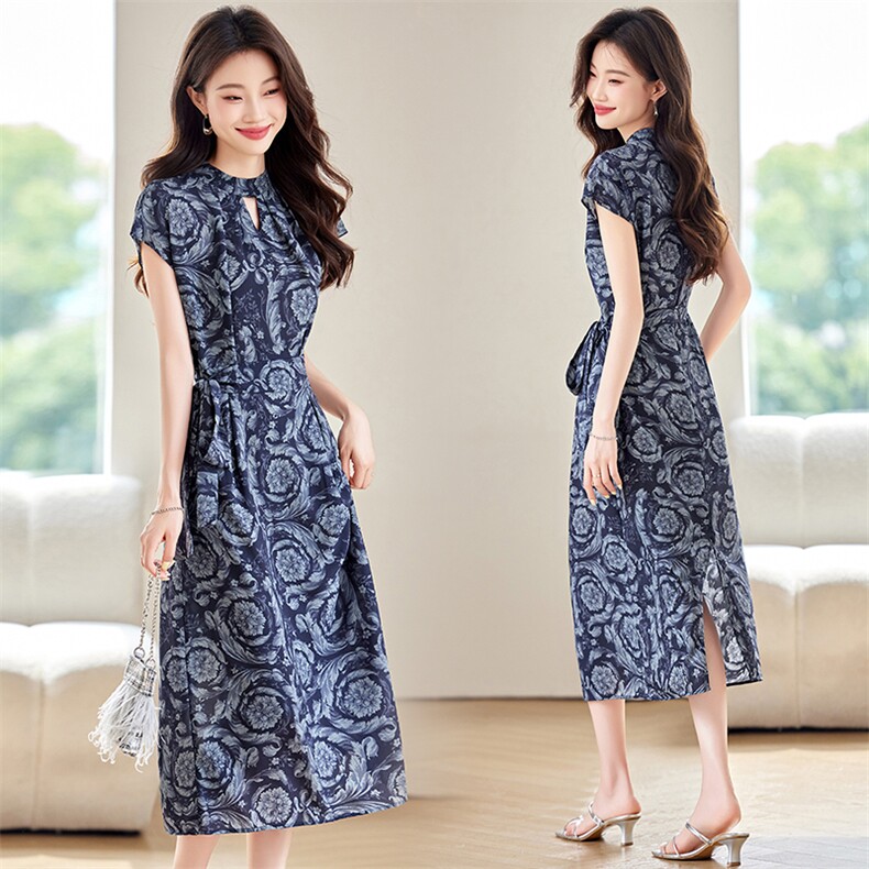 法式气质轻奢真丝混纺高腰显瘦连衣裙收腰系带后开叉气质长裙夏，女装连衣裙，恋慕依尚