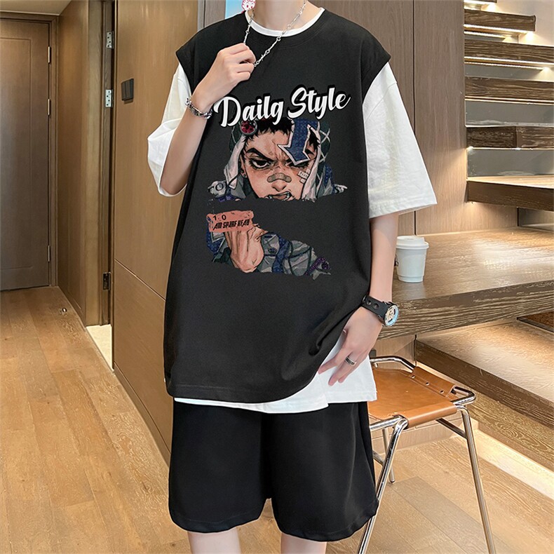 直播品质美式宽松纯棉背心无袖t恤短裤大码两件套套装TZ13-P58,男装T恤,电商A486
