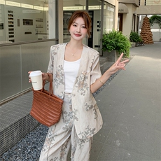 老钱风现货2025新款印花西装短袖休闲阔腿裤套装，女装套装/套裙，1C150