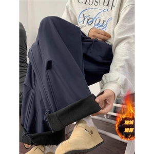 防水加绒加厚藏蓝色工装裤阔腿裤男女生秋冬新款保暖休闲裤卫裤潮