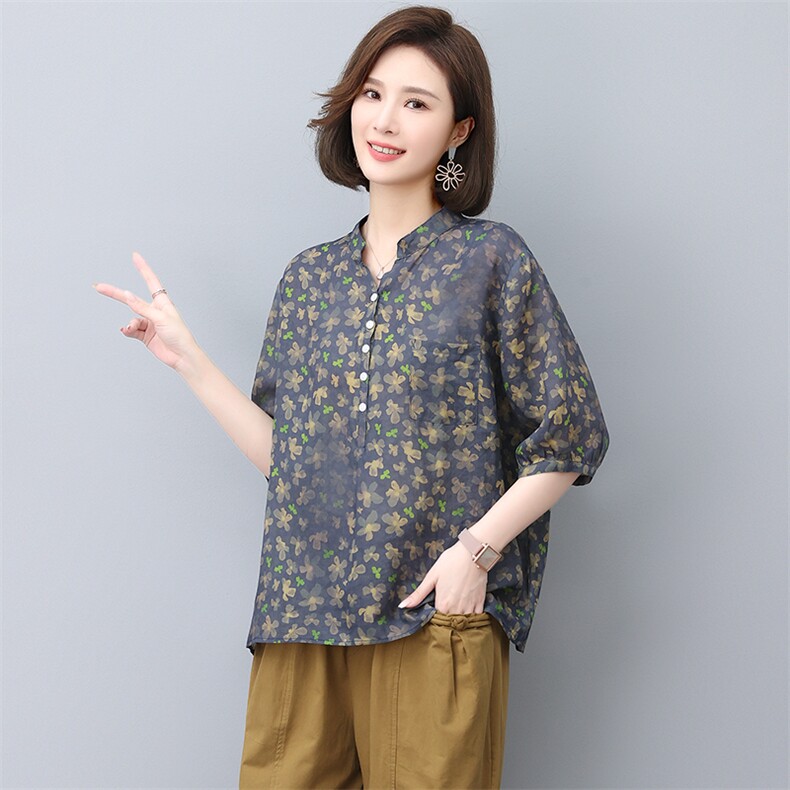 苎麻上衣女夏季2024年新款大码宽松中年妈妈薄款中袖印花休闲衬衫,女装T恤,忆绮罗