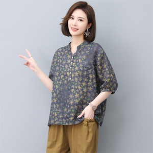 苎麻上衣女夏季2024年新款大码宽松中年妈妈薄款中袖印花休闲衬衫图片