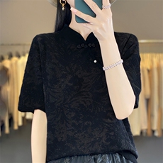 2025年夏季不连帽女士旗袍领时尚百百搭通勤休闲短袖，女装T恤，森墨