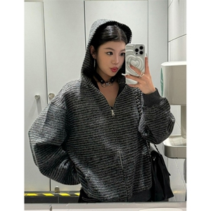 美式复古条纹拉链开衫连帽卫衣男女宽松休闲百搭情侣外套 WA231图片