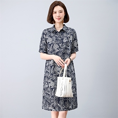 复古印花连衣裙女夏2025新款中年妈妈宽松大码休闲遮肚子显瘦裙子，女装连衣裙，阿丹