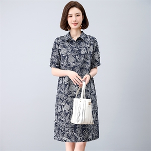 复古印花连衣裙女夏2025新款中年妈妈宽松大码休闲遮肚子显瘦裙子图片
