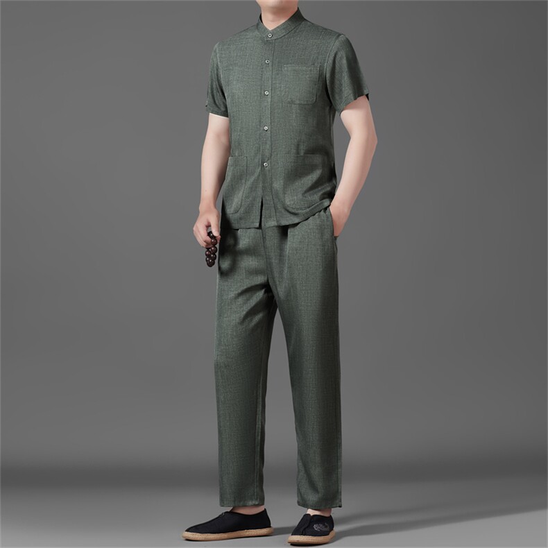 中老年唐装男士立领爸爸夏季风棉麻套装衬衫套装，男装衬衫，钱塘6003B