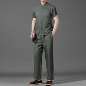 中老年唐装男士立领爸爸夏季风棉麻套装衬衫套装,男装衬衫,钱塘6003B