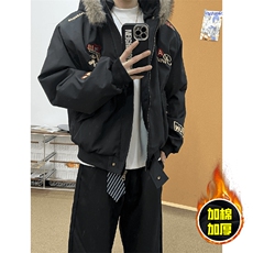现货高品质美式高街重磅刺绣座山雕大毛毛领棉衣男女加厚棉服外套，男装棉衣，电商A486-1