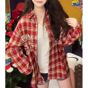 美式复古钉珠设计格子长袖衬衫男女夏季设计感痞帅风衬衣外套图片