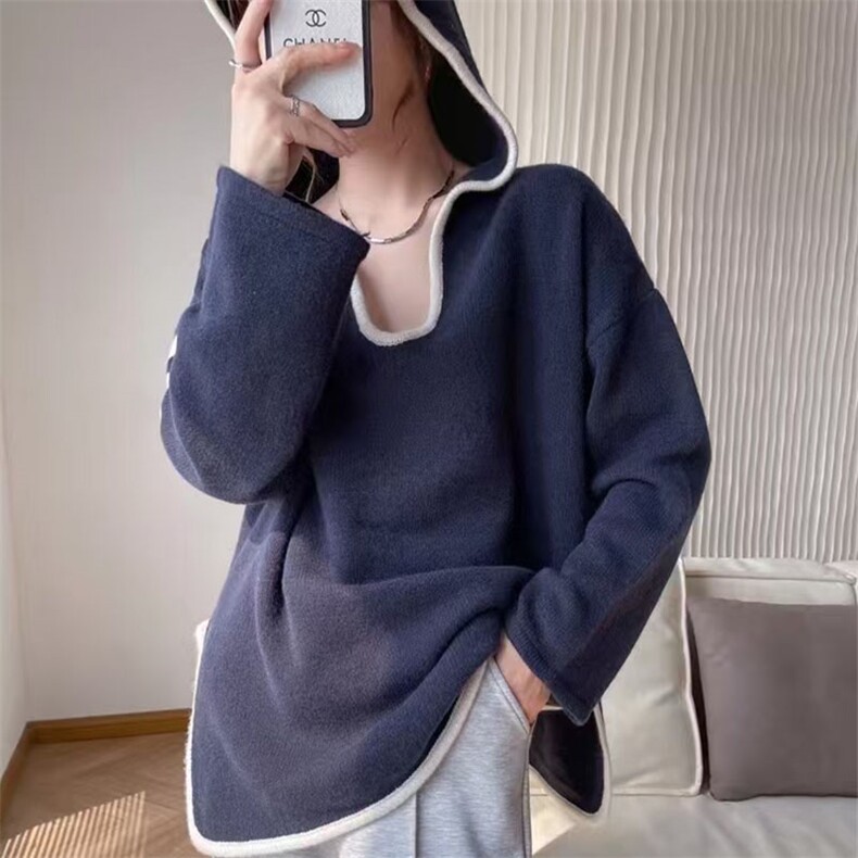 慵懒感遮肉显瘦连帽羊绒外套女2024新款宽松中长版毛衣优雅针织衫,针织衫/毛衣,萱芳婷羊绒