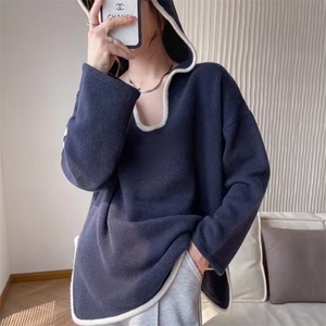 慵懒感遮肉显瘦连帽羊绒外套女2024新款宽松中长版毛衣优雅针织衫图片