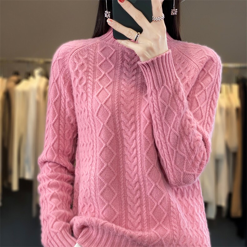 半高领羊毛衫女秋冬2024年新款潮短款纯色百搭紧身螺纹打底衫,女装羊毛衫,蒙特羊绒