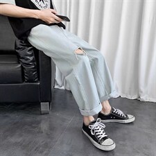 破洞牛仔裤春夏薄款宽松直筒阔腿裤G3005P38图片