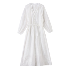 温柔风气质V领长袖连衣裙女装2025春季新款高级感收腰显瘦A字裙子，女装连衣裙，依多米