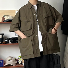 CS3164p65限98日系休闲学生复古潮流设计感多口袋尖领衬衣，男装衬衫，电商A089-1
