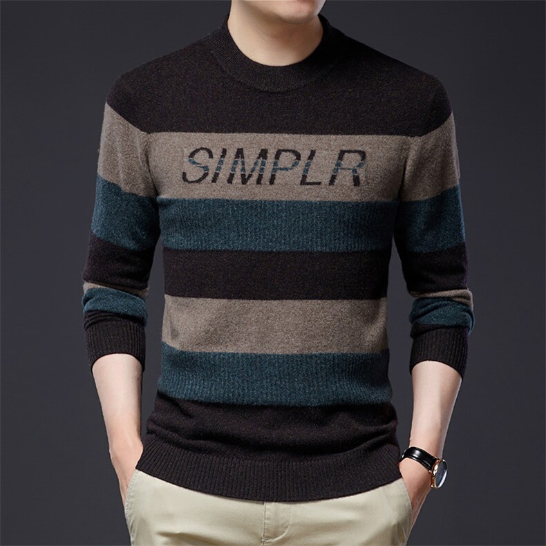 秋冬季新款100羊毛毛衣潮流休闲条纹针织衫套头打底衫DDD259-P185，男装针织衫/毛衣，电商B212（原钱塘6029）