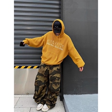 复古字母印花咸蛋黄色连帽针织毛衣女男秋季百搭慵懒宽松外套MY08，男装针织衫/毛衣，星座516A