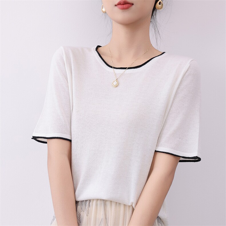 2025新款极简通勤纯色精纺羊毛针织卷边T恤上衣，女装T恤，盛鼎羊绒