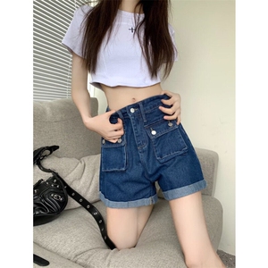 韩版复古百搭高腰阔腿牛仔短裤女2025春夏季工装口袋宽松显瘦短裤图片