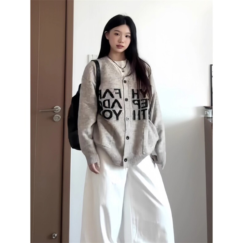 MY9816-P59字母提花V领开衫毛衣男女秋季软糯慵懒风针织衫美式,男装针织衫/毛衣,电商B323A