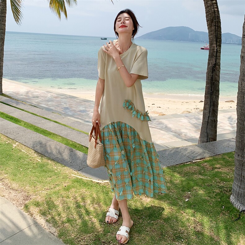 多巴胺设计感拼接连衣裙女2025夏季新款韩系慵懒风宽松减龄T恤裙,女装连衣裙,2C158
