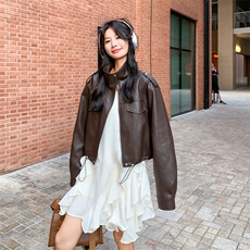 咖色短款皮衣外套女2025秋季新款港风复古高级感气质机车PU皮夹克，女装皮衣，2C123