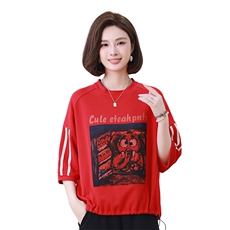 时尚宽松显瘦红色印花短袖T恤女夏季新款韩版百搭休闲上衣潮，女装衬衫，叶笙衣