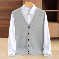 2024年秋新款纯色羊毛马甲男士短款v领针织外穿薄款无袖，男装背心/马甲，鹿一羊绒