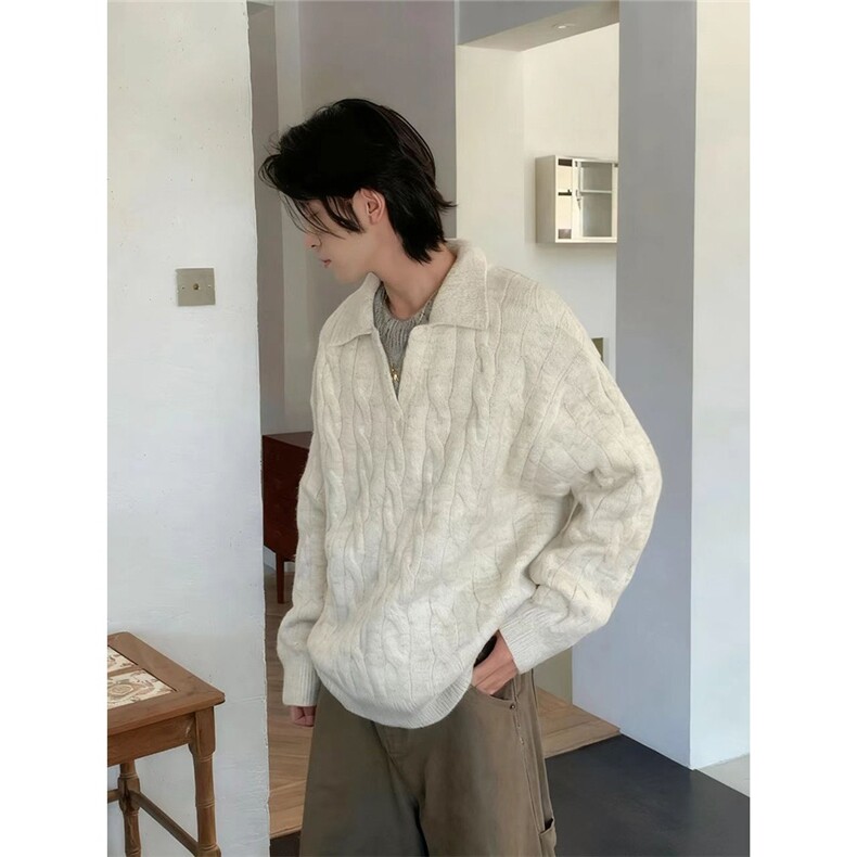 秋冬设计感假两件翻领针织衫拼接麻花美式V领毛衣男MYM30,男装针织衫/毛衣,星座516A