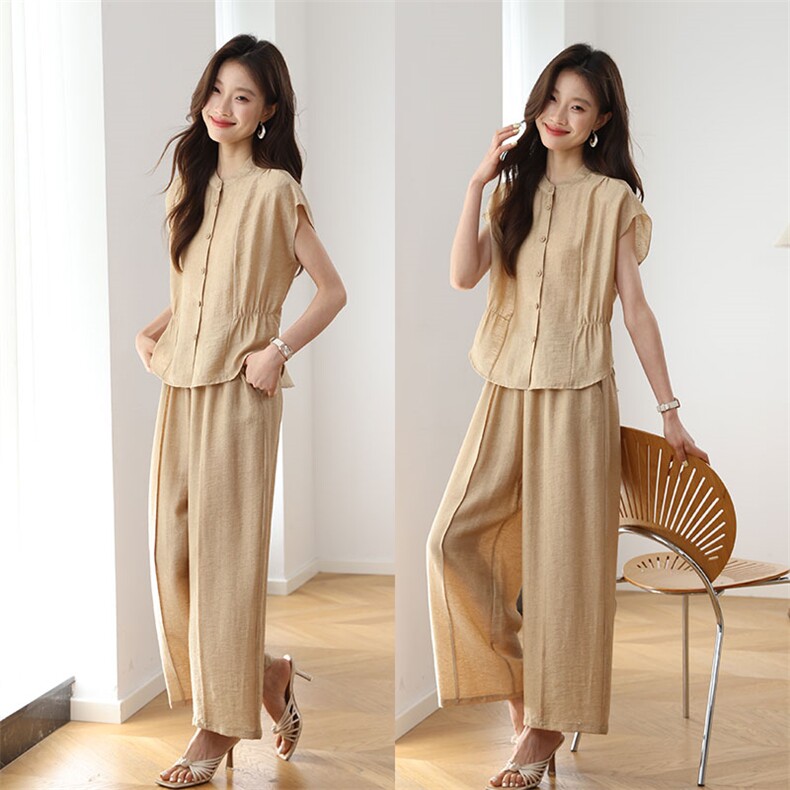 2026年夏季新款休闲衬衫阔腿裤两件套，女装套装/套裙，雪樱依海