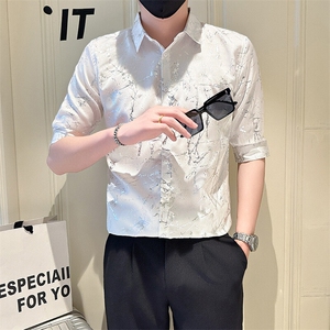 店主风社会小伙男七分袖烫金衬衫男休闲衬衣301A-1/CS563/P55图片