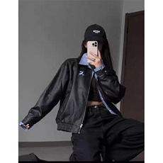 复古假两件格子拼接皮衣夹克男女春秋冬宽松休闲外套JW277，男装皮衣，星座1116A（原606A-3）
