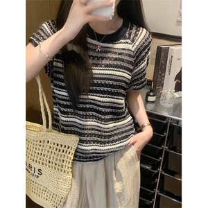 撞色条纹短袖t恤女夏新款宽松显瘦体恤时尚针织镂空上衣 TS940图片