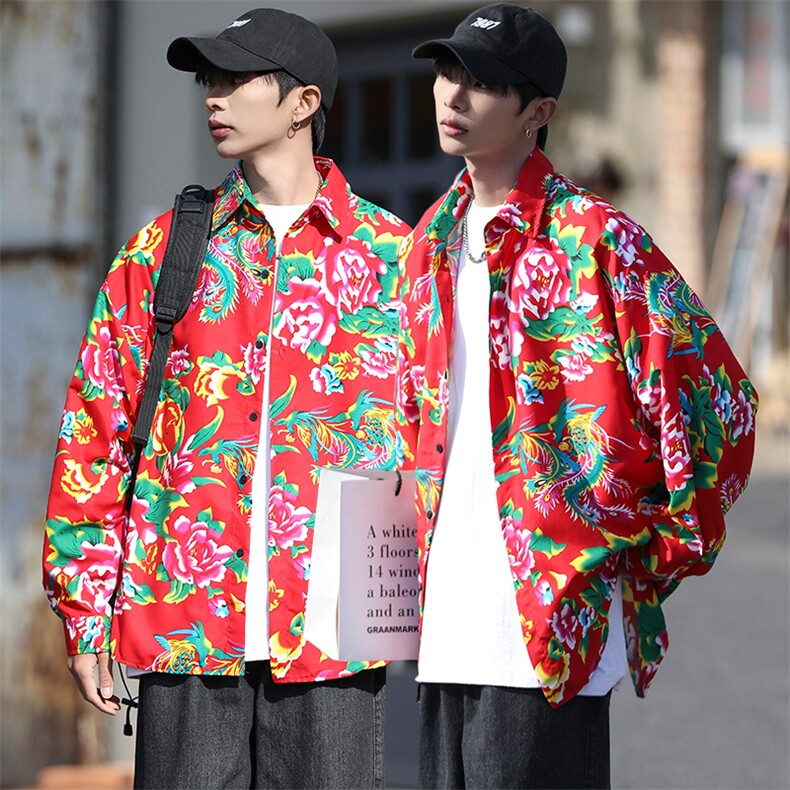 C203秋长袖男士宽松东北大花港风衬衣外套民族特色表演出新中式潮，男装民族服装，星座115A(原星座507）