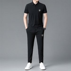 2023夏季新款男式短袖长裤休闲运动套装男式翻领两件套图片