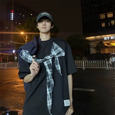 拼接格子布装饰高品质260克双纱纯棉美式高街短袖T恤特P35，男装T恤，电商A486