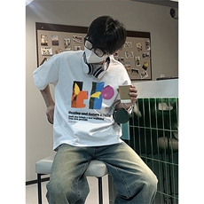 已做版权拼贴画设计感宽松落肩艺术风短袖纯棉高级感t恤T90-P28，男装T恤，星座205-5